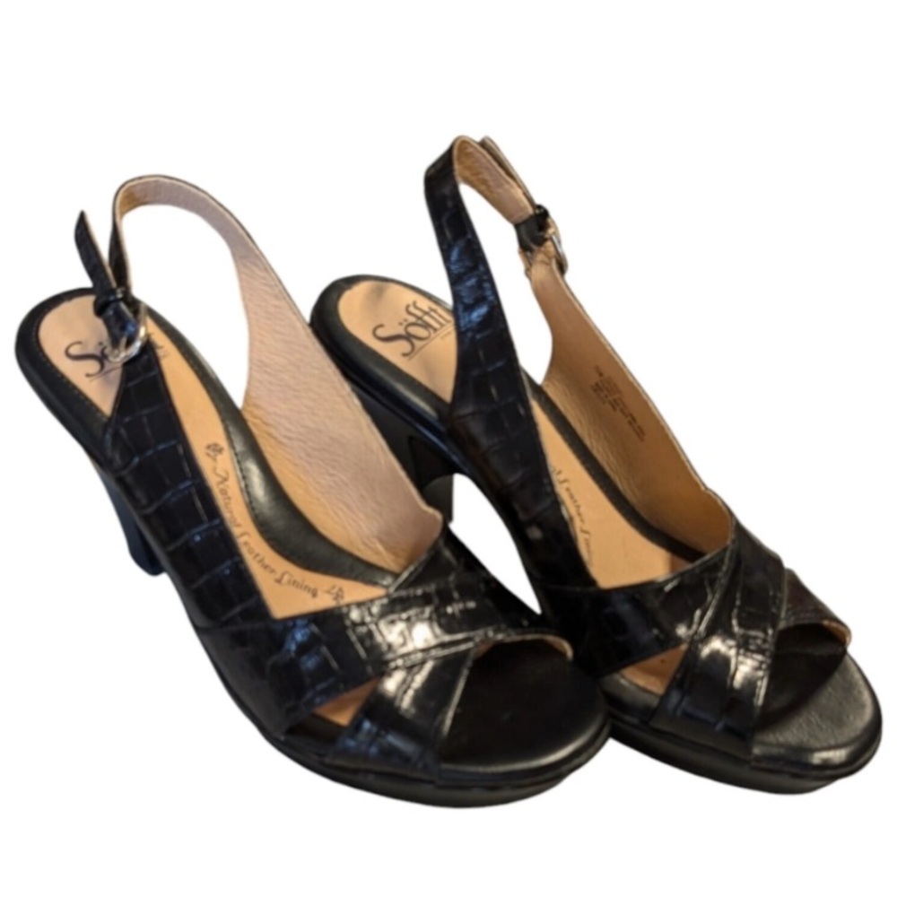 3/$18 Sofft Black Slingback Leather Heels-7M - Classic Croc Embossed Chic